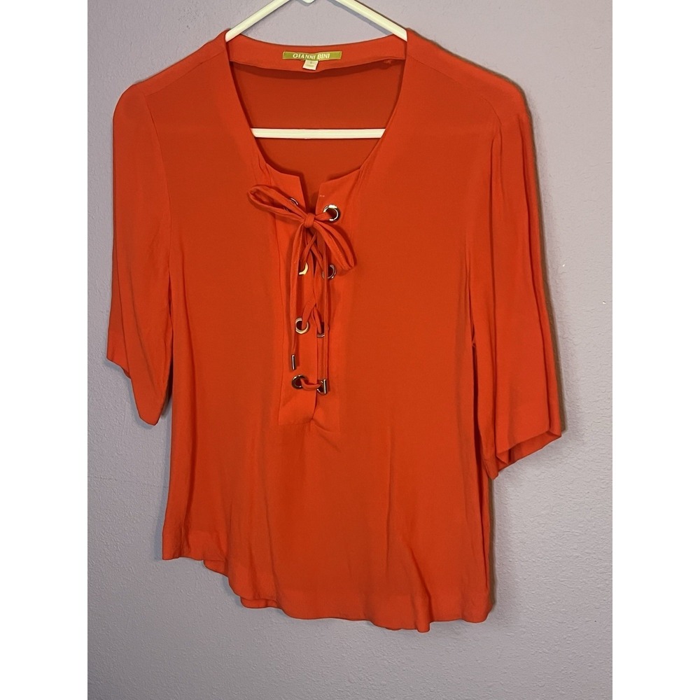 Gianni Bini‎ Orange Lace Up Short Sleeve Blouse Top Size Small